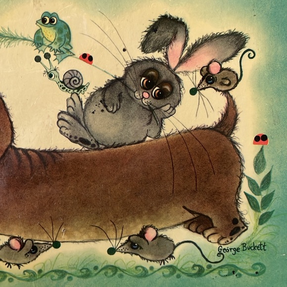 VTG 1960’s George Buckett Dachshund dog bunny & animal friends laminate picture - Picture 3 of 8